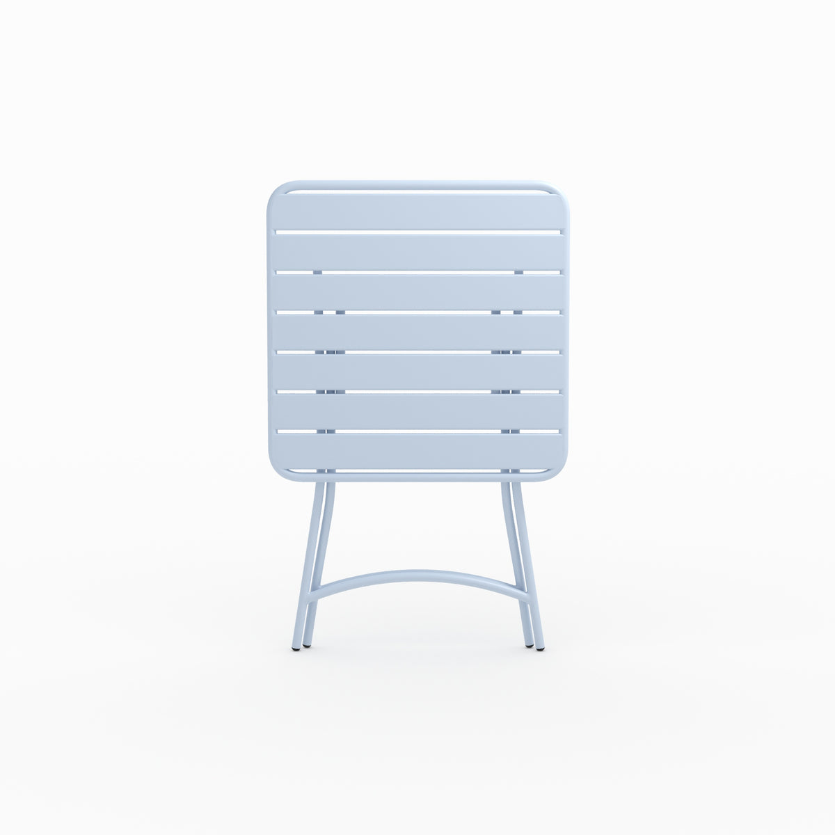 Vue ensemble table de jardin Yumi pliante en métal bleu pastel 2 personnes