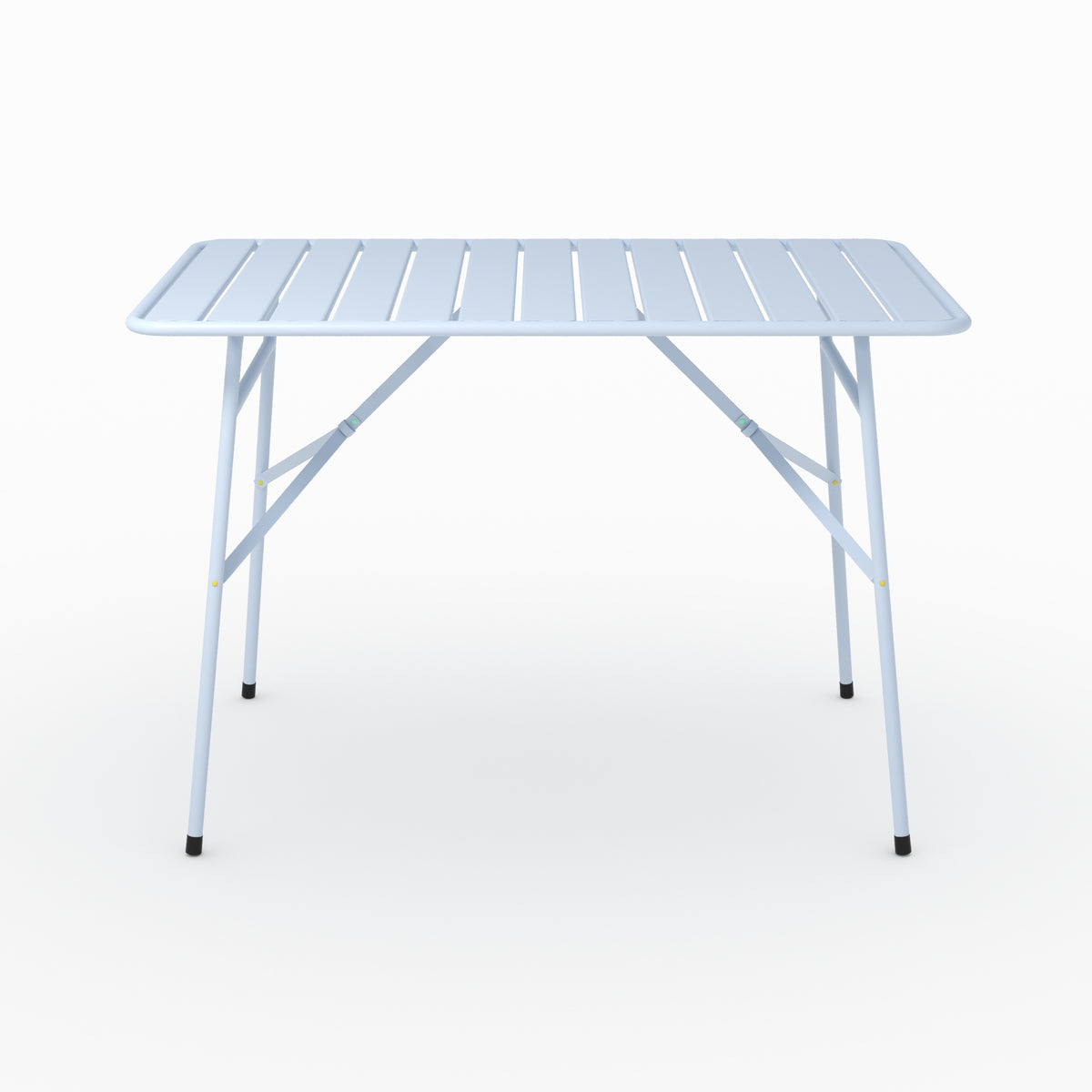 Vue ensemble table de jardin Yumi pliante en métal bleu pastel 4 personnes