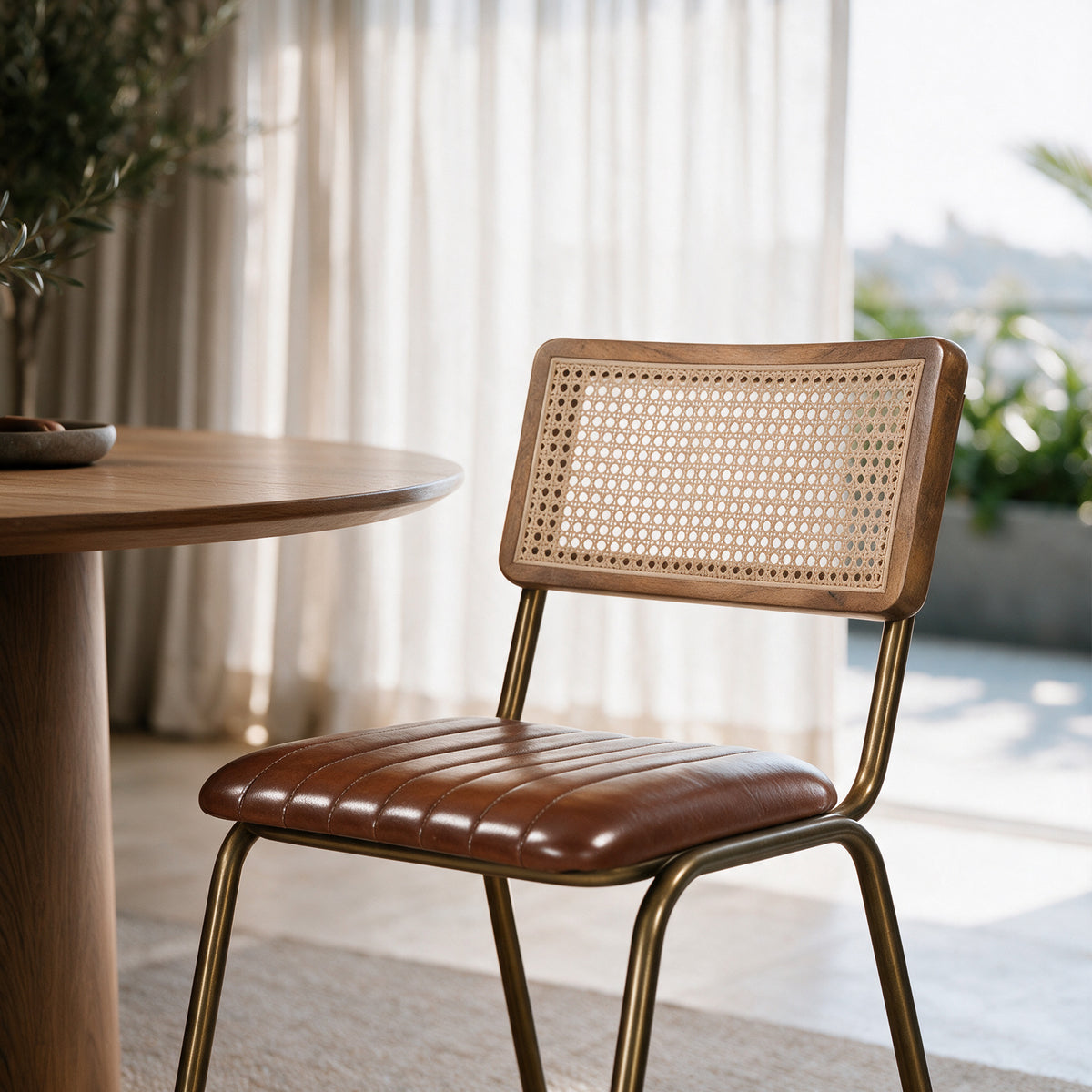 Zoom assise cuir marron dossier cannage – Maison Pavane